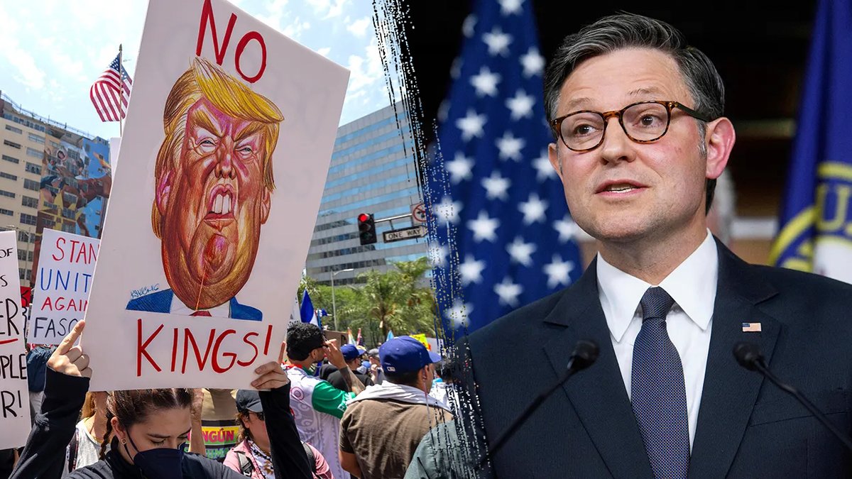 Speaker Johnson is next to "No kings" Banner