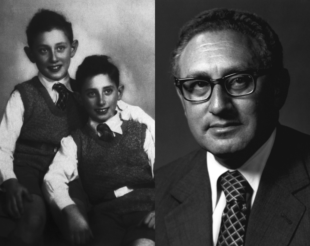 A side by side photo shows two boys in suits and a man in a suit wearing glasses.