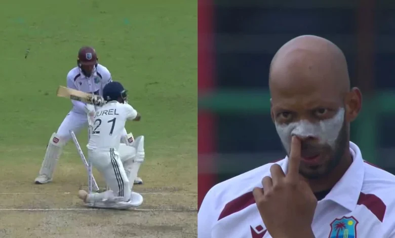 Roston Chase gives Dhruv Jurel a death stare after rattling.webp.webp