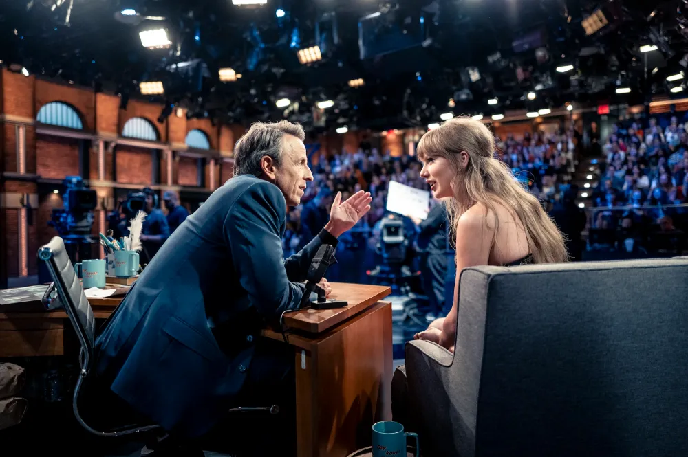 Taylor Swift stuns with longer hair in her 5K Showgirl-certified set for Late Night with Seth Meyers interview