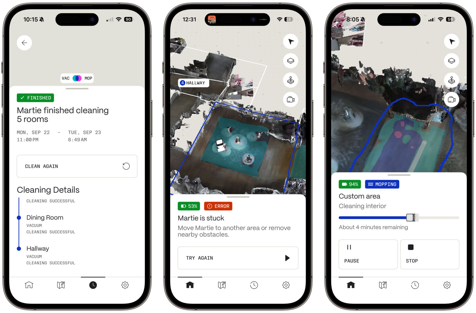 Three screenshots of the Matic app.