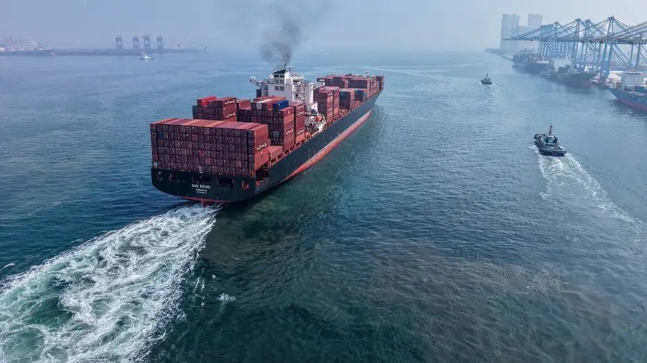 Container ship leaving a Chinese port.