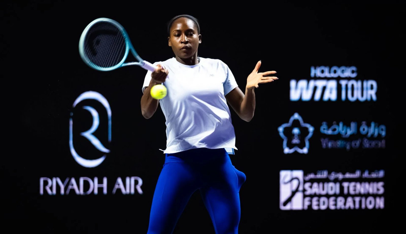 Coco Gauff during a training session in Riyadh, Saudi Arabia, ahead of the 2025 WTA Finals (Source: Getty)