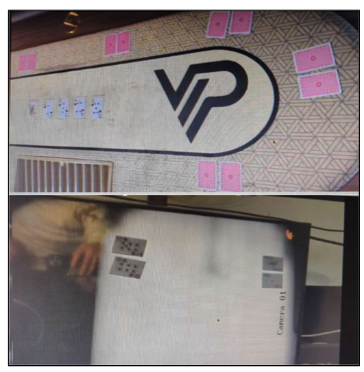 Two images: The top shows a poker table with face-down and face-up cards arranged around it. The table has an embossed top and a large VP logo in the middle. The bottom image shows a grayscale camera feed displaying several playing cards on a screen labeled 