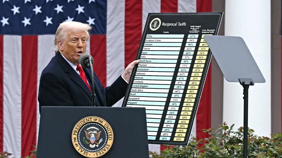 President Donald Trump holds a sign showing reciprocal tariffs.