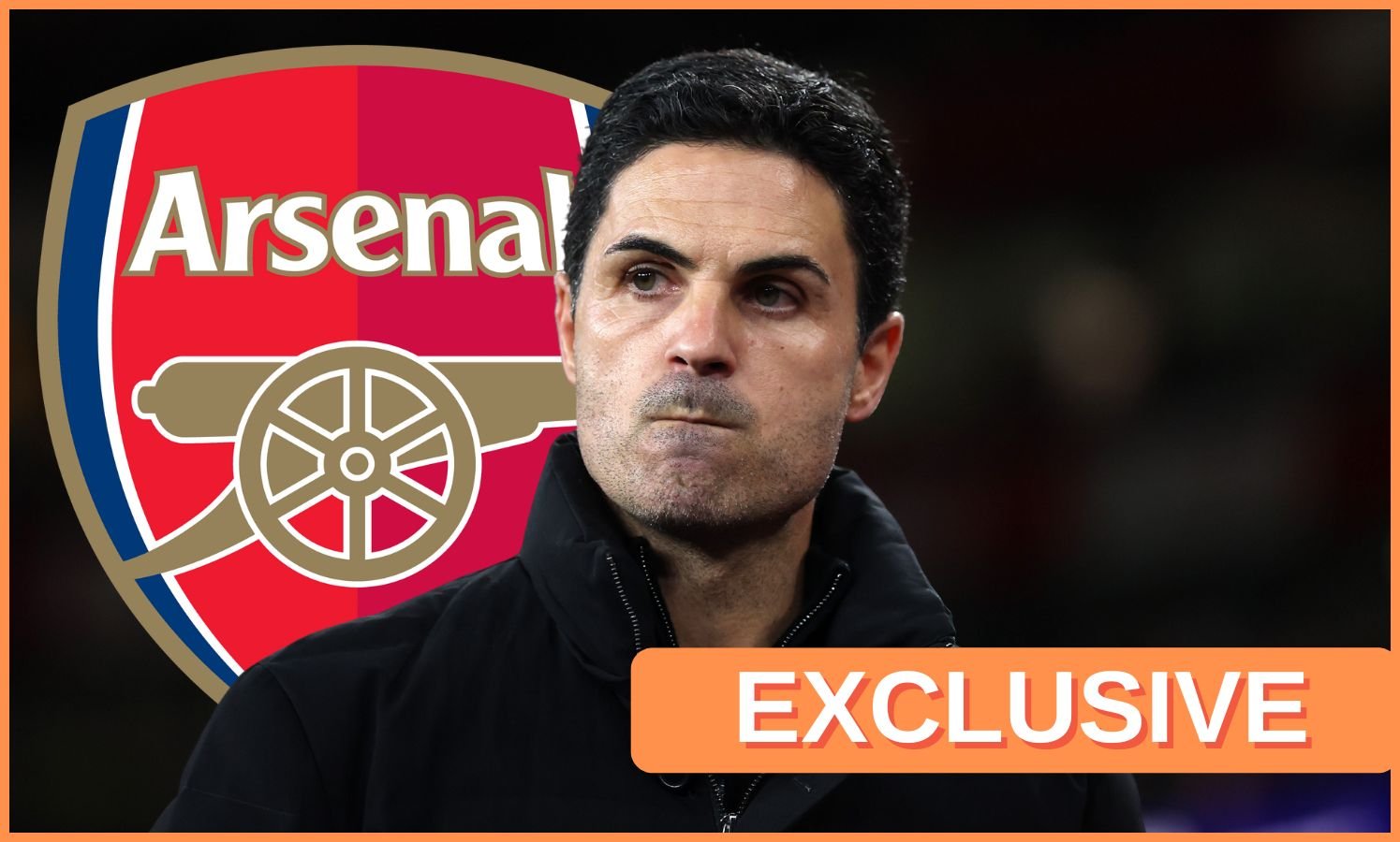 Arsenal manager Mikel Arteta and an “Exclusive” banner.