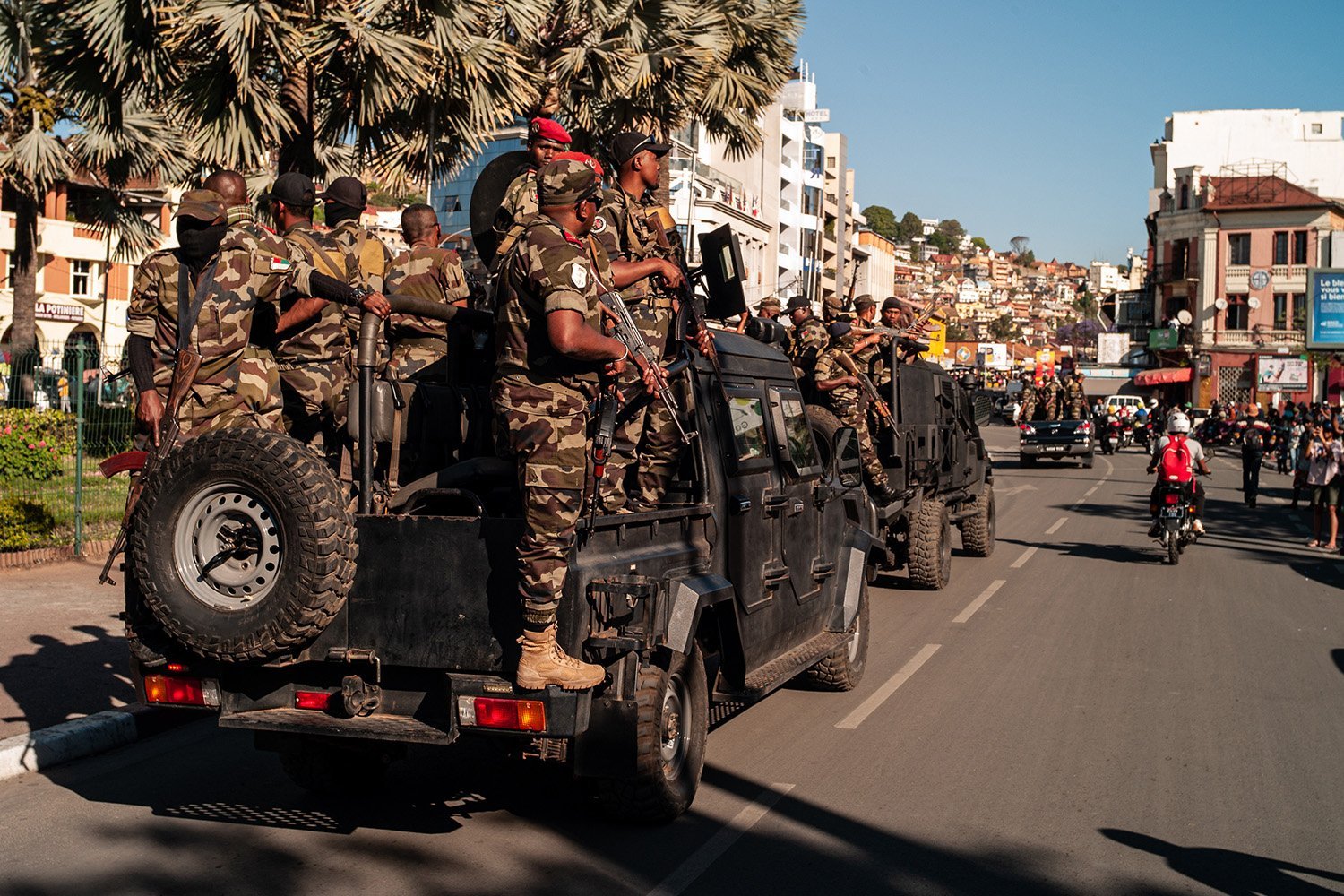 Crowds of people gather to demonstrate after soldiers entered the presidential palace, seized power and suspended the constitution, in Antananarivo, Madagascar on October 14.