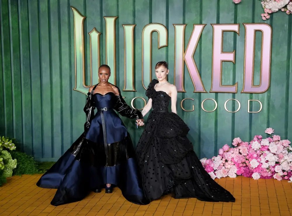 Ariana Grande ditches pink clothes for a dramatic black dress at the premiere of her movie Wicked: For Good