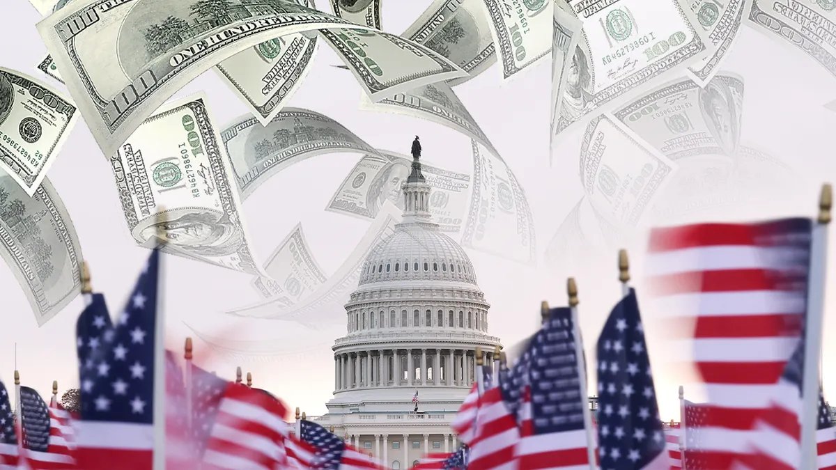 The United States Capitol is surrounded by falling money