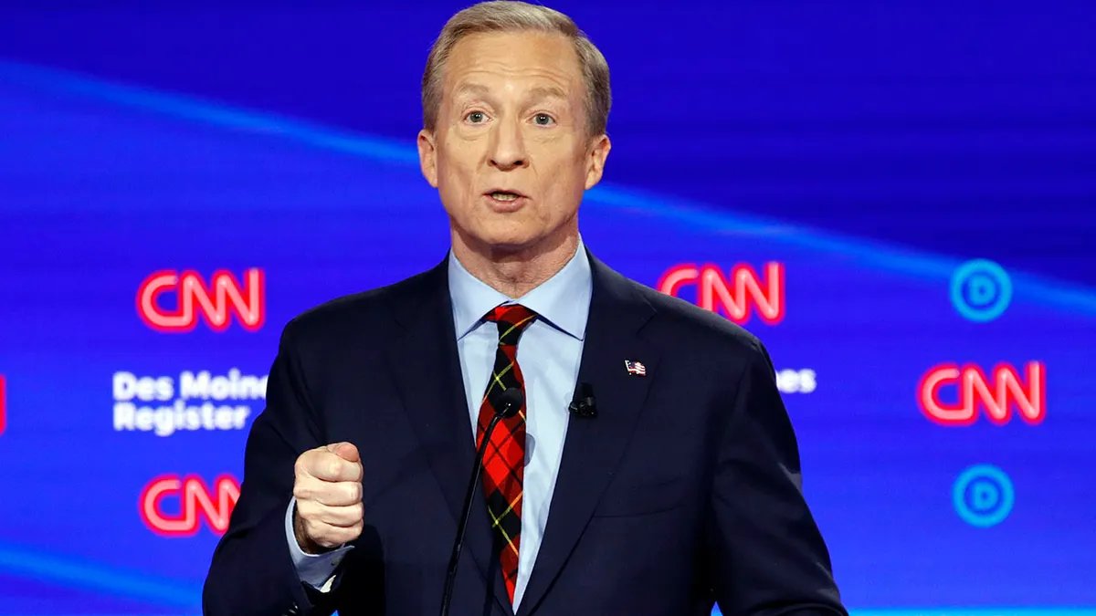Democratic presidential candidate businessman Tom Steyer speaks Tuesday, January 14, 2020, during a Democratic presidential primary debate hosted by CNN and The Des Moines Register in Des Moines, Iowa.