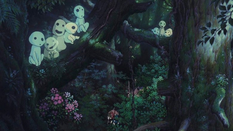 Forest spirits sit in the trees in Princess Mononoke