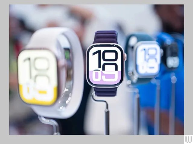 A row of smart watches on narrow stands