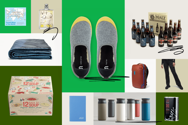 A colorful grid of images representative of the gift guide: Slippers, beer, blanket, water bottle, olive oil among others