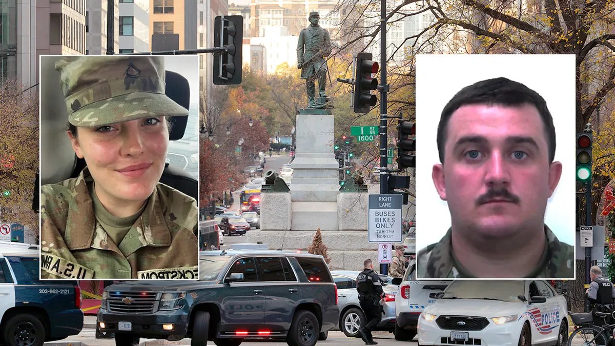 Side-by-side photos of victims of the D.C. National Guard shooting, with the crime scene in the background.