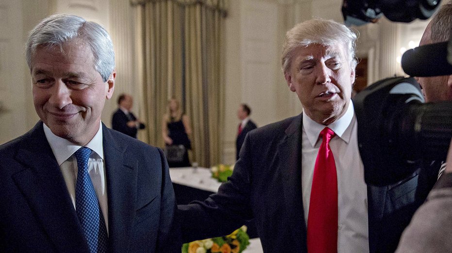 Jamie Dimon and Donald Trump are seen at an event.