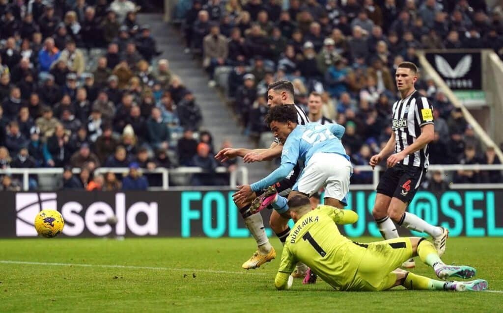 Oscar Pope scores Manchester City's goal against Newcastle