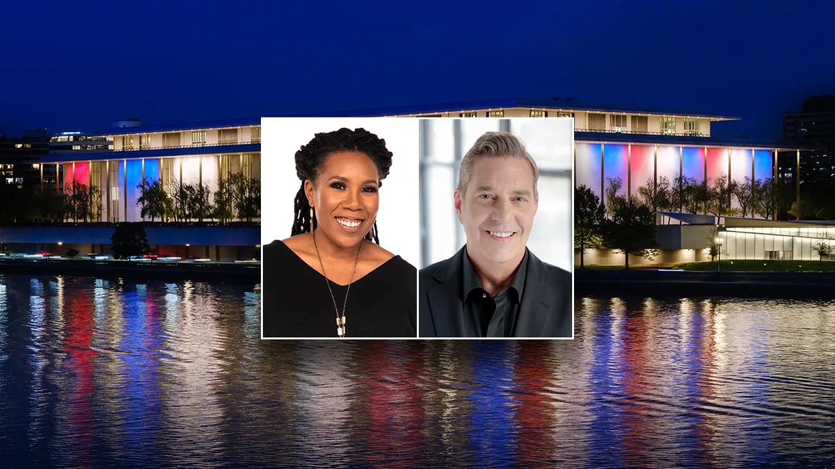 Two interior photos with Melinda Doolittle and Stephen Reineke over the Kennedy Center backdrop