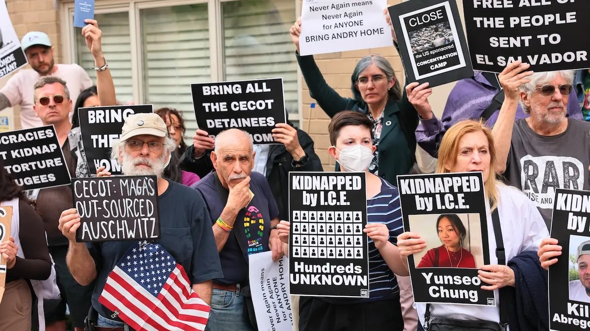 Demonstrators gather to protest the deportation of migrants to El Salvador outside the Permanent Mission of El Salvador to the United Nations on April 24, 2025 in New York City. Several deportees now detained at El Salvador's Terrorism Confinement Center (CECOT) were sent there without court hearings under the Alien Enemies Act after an agreement brokered by US <a href=