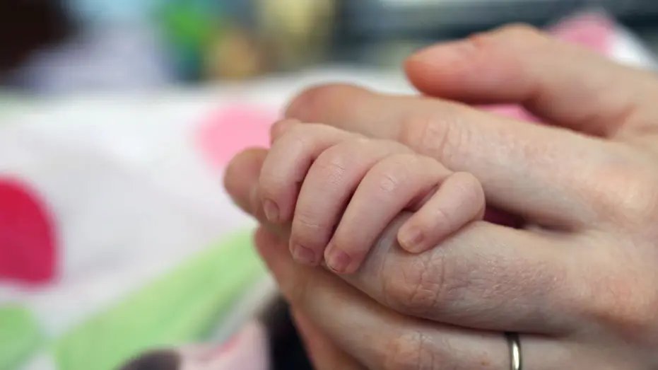 Image of a newborn baby holding the hand of an adult