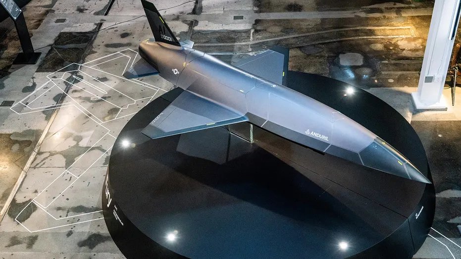 A model of Anduril's YFQ-44, an unmanned combat aerial vehicle.