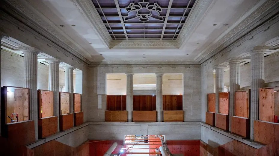 The lobby of the Federal Reserve building under construction.