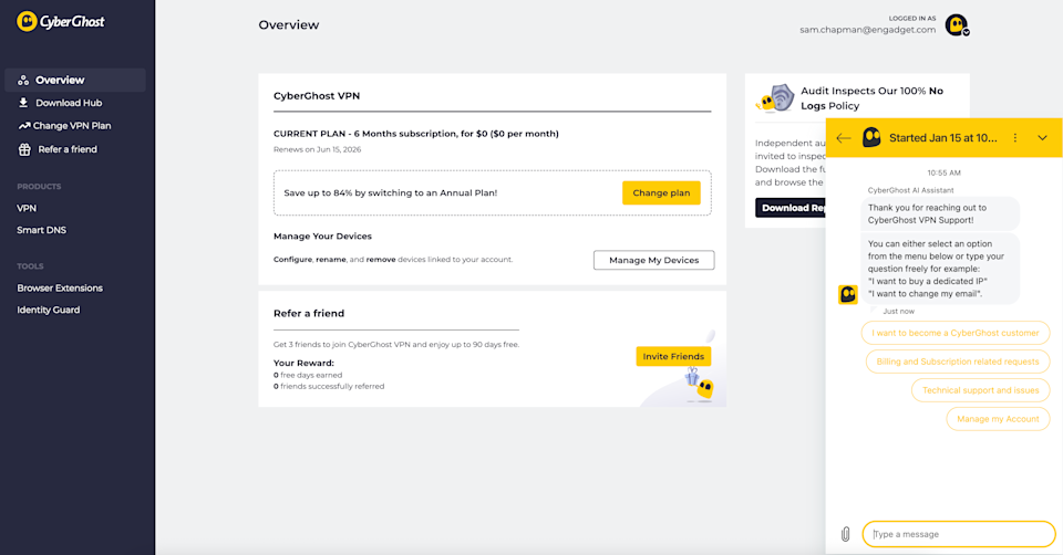 Start a live chat conversation by clicking the live chat button at the bottom right of any screen on the CyberGhost website.