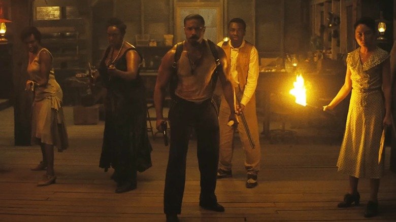 Jaime Lawson as Pearline, Wunmi Mosaku as Annie, Michael B. Jordan as Smoke, Miles Caton as Sam, and Lee Jun Lee as Grace prepare to fight the vampires in Sinners.