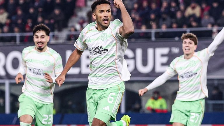 BOLOGNA, ITALY - JANUARY 22: Celtic's Auston Trusti celebrates scoring a goal to make it 2-0 during the UEFA Europa League 2025/26 MD7 stage match between Bologna and Celtic at Renato Dall'Ara Stadium, on January 22, 2026, in Bologna, Italy. (Photo by Craig Williamson/SNS Collection)