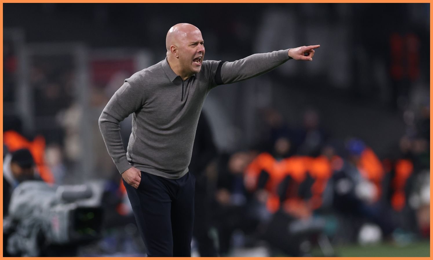 Arne Slott shouts instructions during Liverpool's win over Marseille