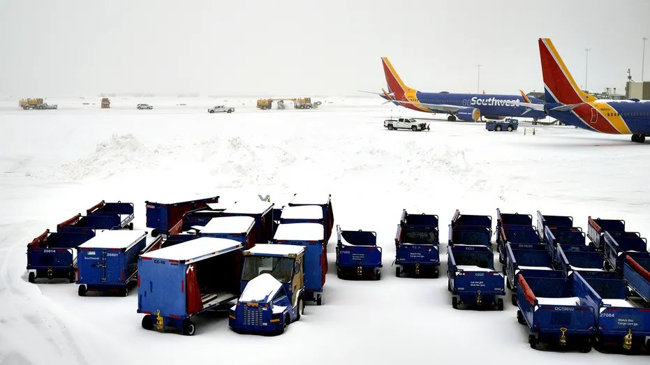 Snow covers Southwest Airlines planes at Ronald Reagan Washington National Airport 