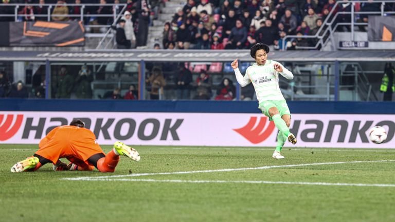 BOLOGNA, ITALY - JANUARY 22: Celtic's Rio Hattat scores to make it 1-0 during the UEFA Europa League 2025/26 MD7 stage match between Bologna and Celtic at Renato Dallara Stadium, on January 22, 2026, in Bologna, Italy. (Photo by Craig Williamson/SNS Collection)