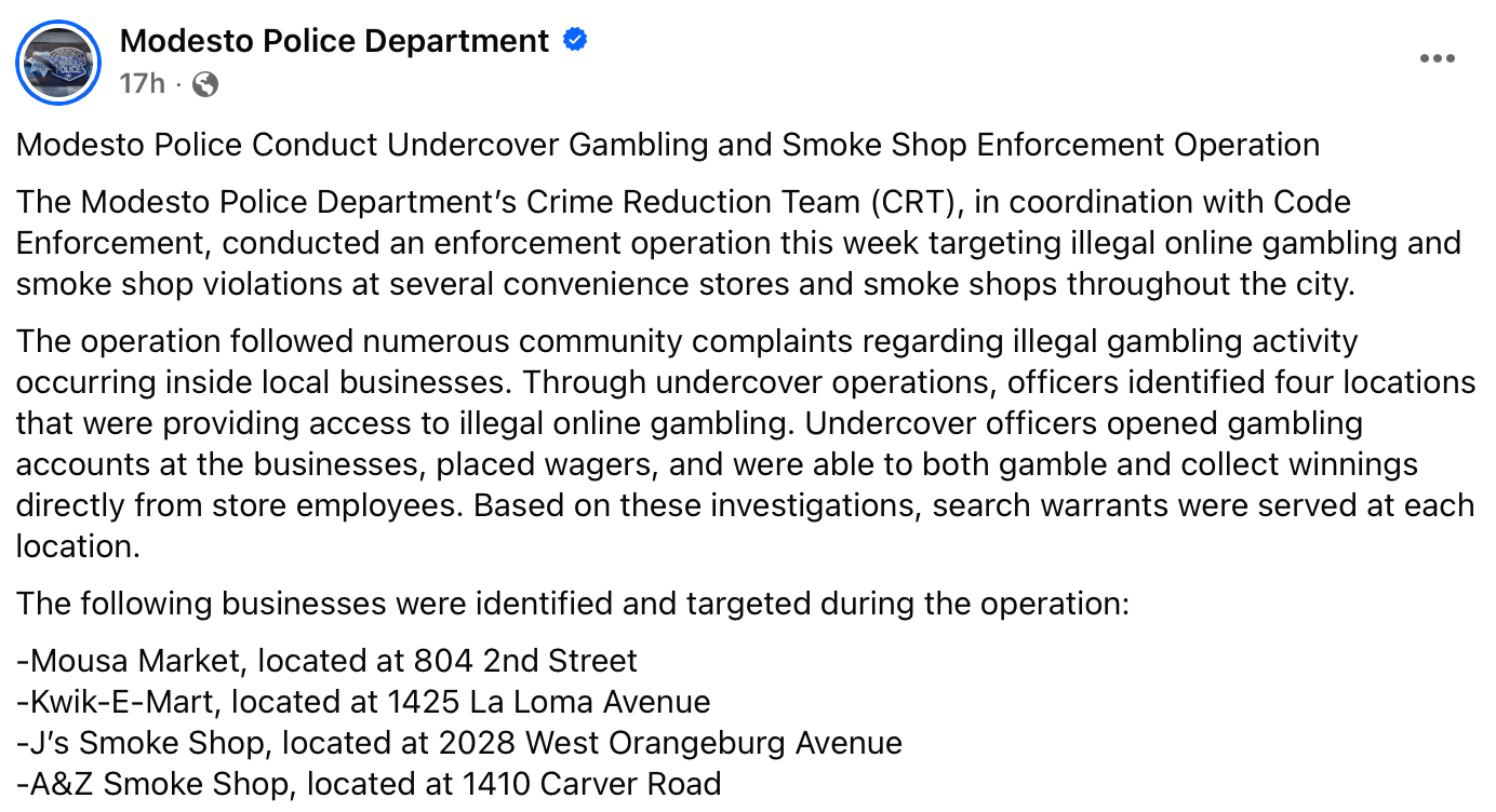 Modesto Police Department screenshot from Facebook, text about a recent operation. 